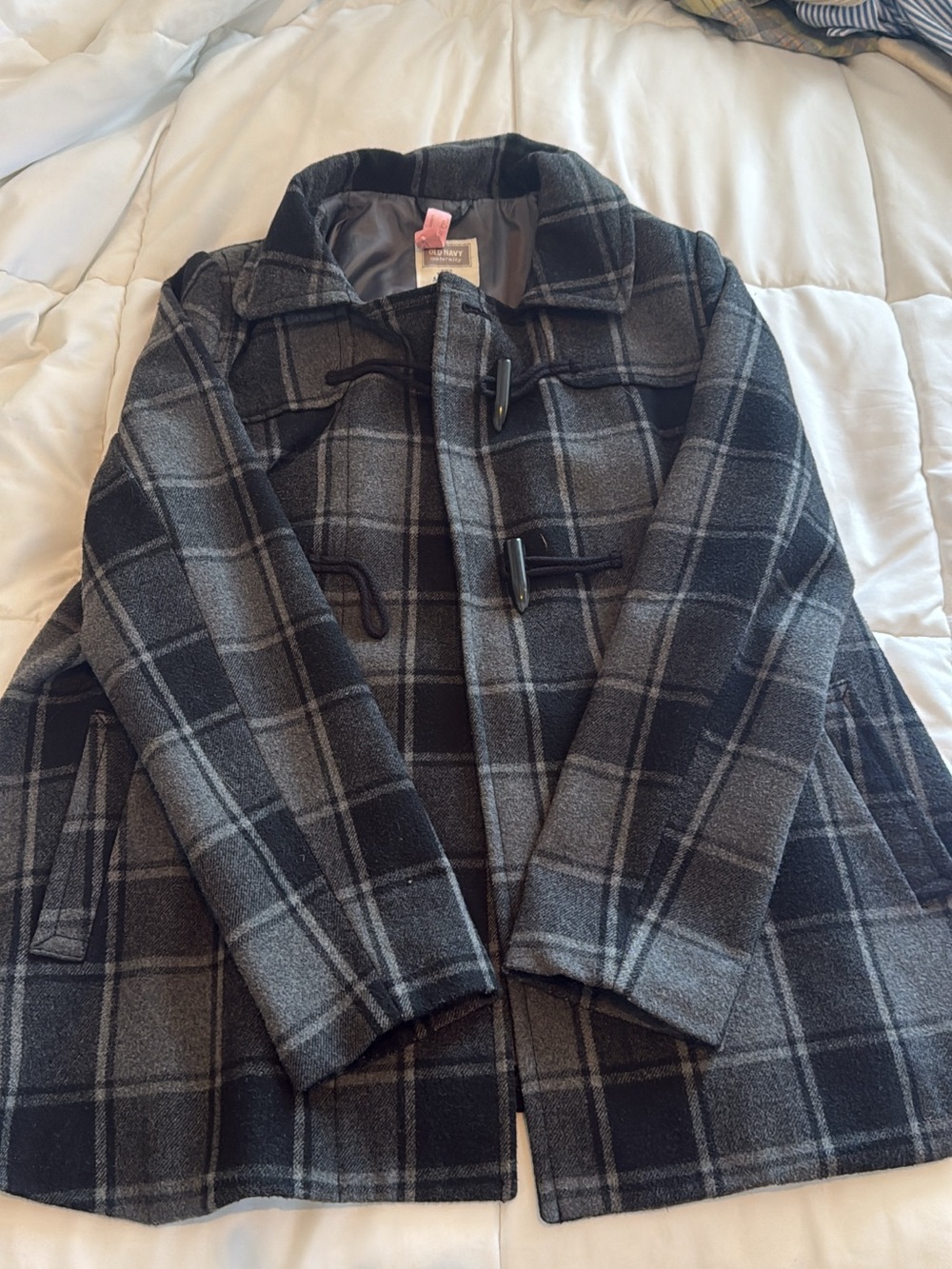 Old Navy Gray Plaid Toggle Pea Coat